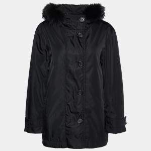 Prada Black Nylon Fur Trimmed Hooded Jacket L