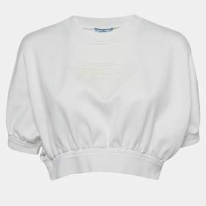 Prada White Logo Embossed Jersey Cropped T-Shirt M