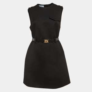 Prada Black Stretch Natté Tulle Sleeveless Belted Mini Dress M