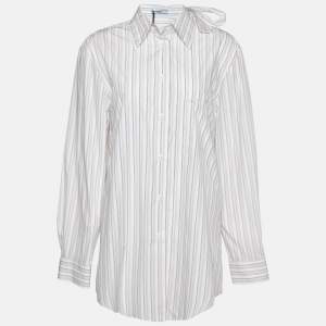 Prada White Striped Cotton Tie Neck Button Front Shirt M