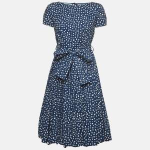 Prada Navy Blue Geometric Print Cotton Pleated Mini Dress S  