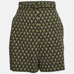 Prada Green Geometric Print Virgin Wool Belted Shorts M