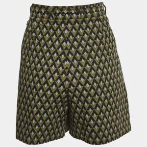 Prada Green Geometric Print Virgin Wool Belted Shorts M