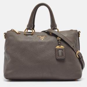 Prada Dark Grey Vitello Daino Leather Duffle Bag