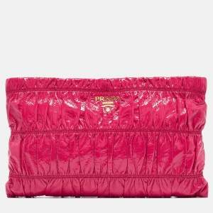 Prada Fuchsia Vernice Gaufre Leather Top Zip Clutch