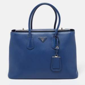 Prada Blue Saffiano Cuir Leather Large Twin Tote