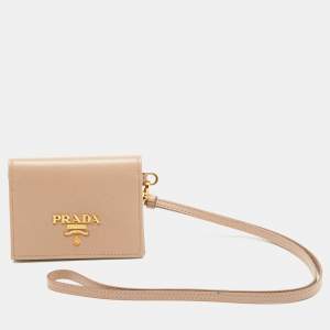 Prada Beige Saffiano Metal Leather Card Holder 