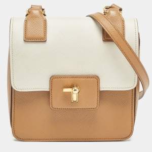 Pre Owned Prada Brown/White Saffiano Cuir Leather Flap Crossbody Bag