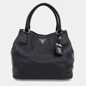 Pre Owned Prada Black Leather Medium Vitello Daino Hobo Bag