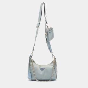 Prada Light Blue Nylon and Leather Re-Edition 2005 Baguette Bag