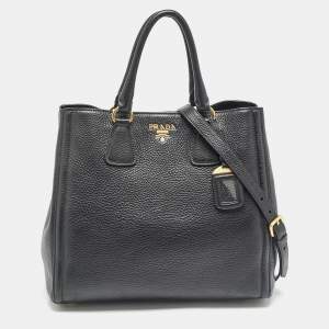 Pre Owned Prada Black Vitello Daino Leather Snap Tote
