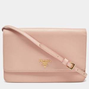 Prada Pink Saffiano Metal Leather Flap Strap Wallet 