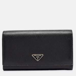 Prada Black Saffiano Metal Leather Logo Flap Continental Wallet