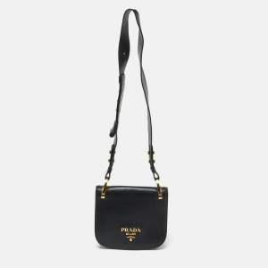 Prada Black Leather City Calf Pionnière Saddle Shoulder Bag