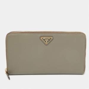 Prada Grey Saffiano Oro Leather Cheque Book Zip Wallet