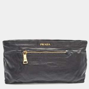 Prada Black Soft Leather Zip Clutch
