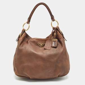 Prada Brown Cervo Leather Side Zip Hobo