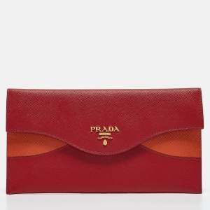 Prada Red/Orange Saffiano Cross Leather Wave Continental Wallet