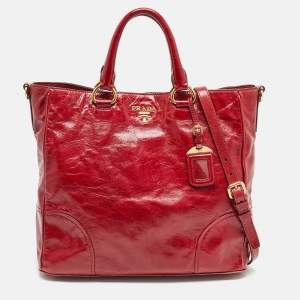 Prada Red Vitello Shine Leather Logo Shopper Tote