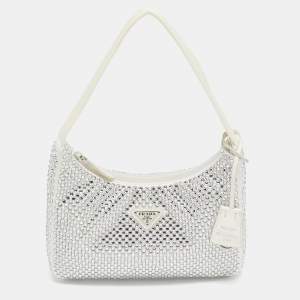 Prada Off White Satin Crystal Embellished Re-Edition 2000 Baguette Bag