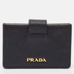Prada Black Saffiano Metal Leather Accordion Card Case