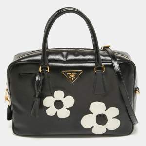 Prada Black Saffiano Patent Leather Floral Bauletto Bag
