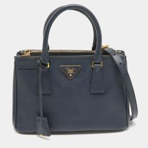 Prada Navy Blue Saffiano Lux Leather Small Double Zip Tote