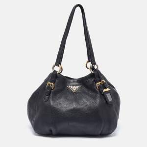 Prada Black Vitello Daino Leather Side Zip Hobo