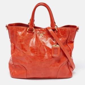 Prada Orange Vitello Shine Leather Snap Tote