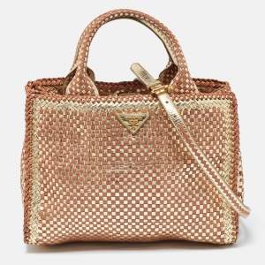 Pre Owned Prada Gold/Brown Woven Madras Leather Snap Tote