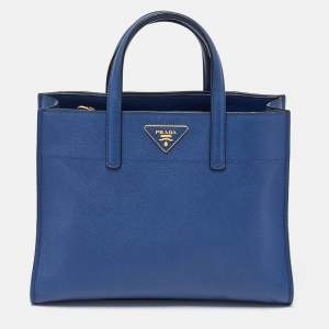 Prada Blue Saffiano Cuir Leather Triple Pocket Tote