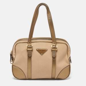 Prada Metallic/Beige Canvas and Leather Zip Bowler Bag