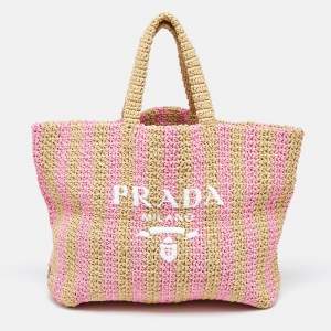 Prada Pink/Beige Stripe Raffia Logo Tote