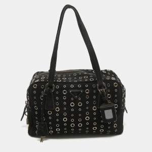Prada Black Suede Grommet Bauletto Bag
