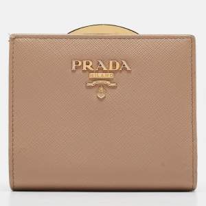 Prada Beige Saffiano Metal Leather Frame Compact Wallet