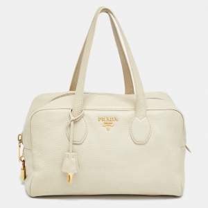 Prada Off White Vitello Daino Leather Zip Bowler Bag