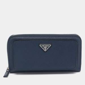 Prada Navy Blue Saffiano Tech Leather Zip Around Continental Wallet