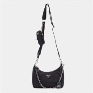 Prada Black Nylon and Saffiano Leather Re-Edition 2005 Baguette Bag