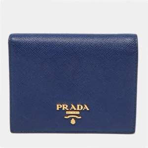 Prada Blue Saffiano Metal Leather Leather Compact Wallet