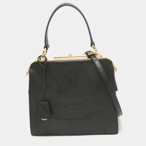 Prada Black Logo Print Saffiano Leather Frame Top Handle Bag