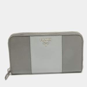 Prada Two Tone Grey Saffiano Leather Zip Around Wallet