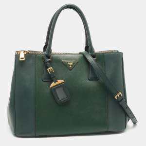 Prada Two Tone Dark Green Saffiano Lux Leather Medium Double Zip Tote