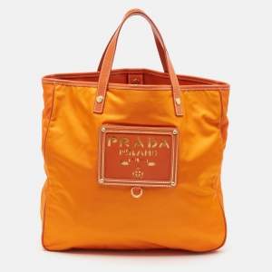 Prada Orange Nylon and Leather Logo Tote