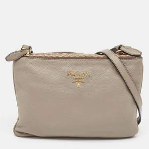 Prada Grey Vitello Daino Leather Double Zip Crossbody Bag