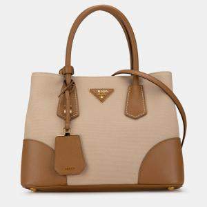 Prada Beige/Brown Canapa and Saffiano Double Satchel Bag