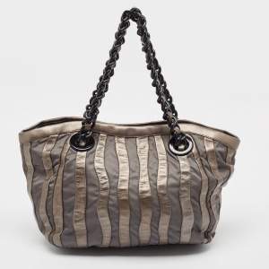 Prada Grey Leather and Nylon Mordore Stripe Tote