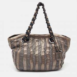 Pre Owned Prada Grey Leather and Nylon Mordore Stripe Tote