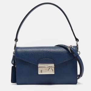 Prada Blue Saffiano Lux Leather Mini Sound Flap Crossbody Bag