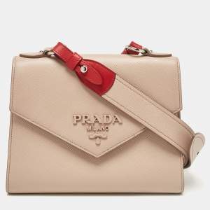 Prada Beige/Red Saffiano Cuir Leather Monochrome Shoulder Bag