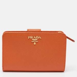 Prada Orange Saffiano Metal Leather French Wallet